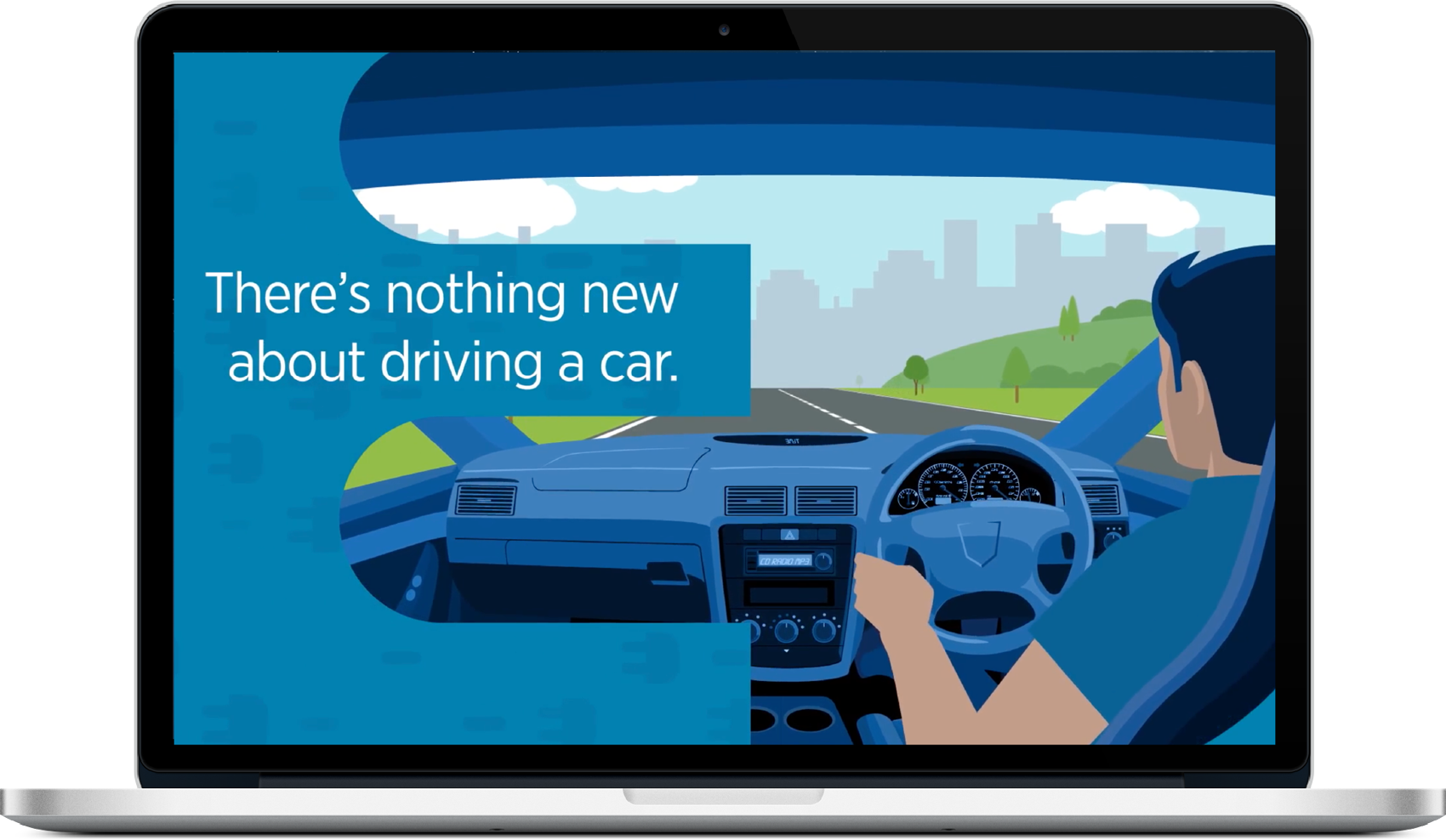 Laptop screen with illustration of person driving car, text reads 'theres nothing new about driving a car'